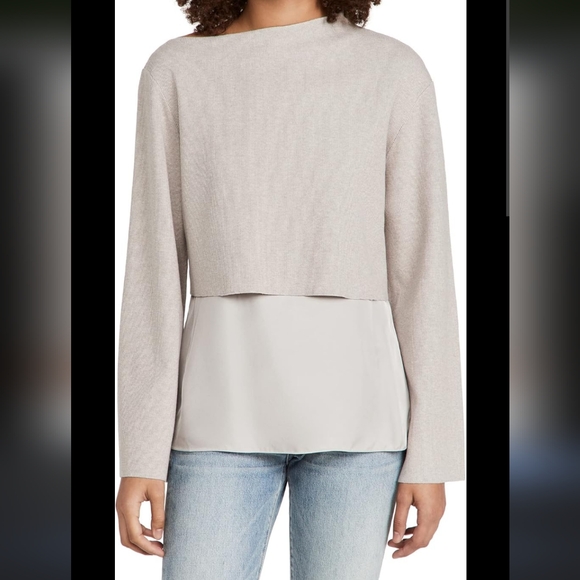 Theory Oatmeal Layered Top Cropped Asymmetrical New Twill Combo Sz L - Picture 2 of 7